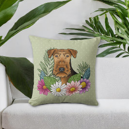 Airedale Terrier und farbenfrohe Sommer Blume Grün Kissen