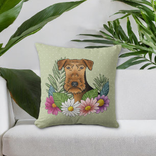 Airedale Terrier und farbenfrohe Sommer Blume Grün Kissen