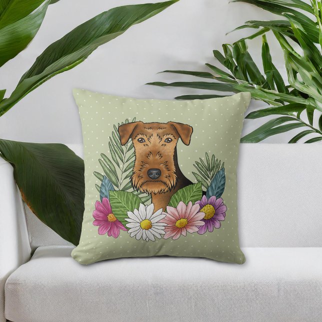 Airedale Terrier und farbenfrohe Sommer Blume Grün Kissen (Please note: This image is a digital mockup. The product may not be in scale.)