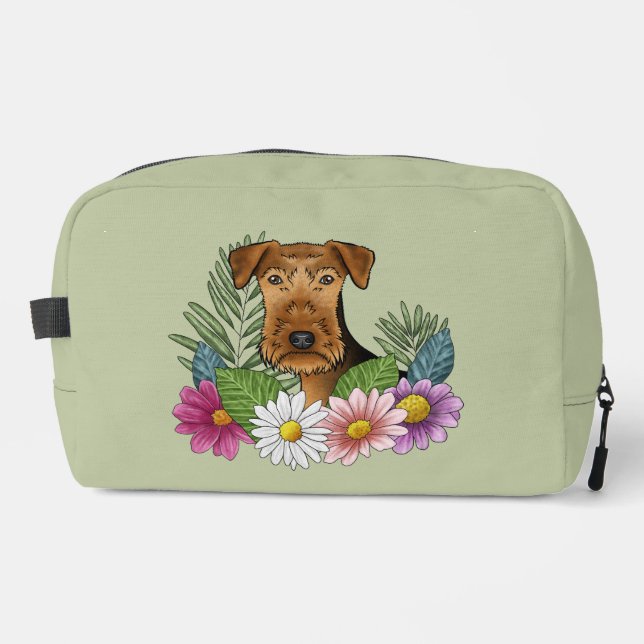 Airedale Terrier und farbenfrohe Sommer Blume Grün Waschbeutel (Vorderseite)