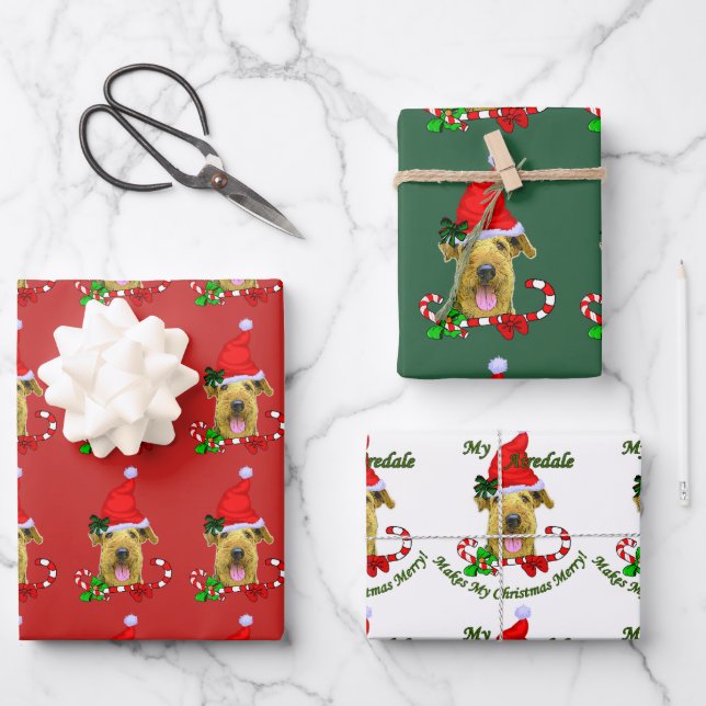 Airedale Terrier Weihnachtsmannmütze Weihnachten Geschenkpapier Set (Vorderseite)