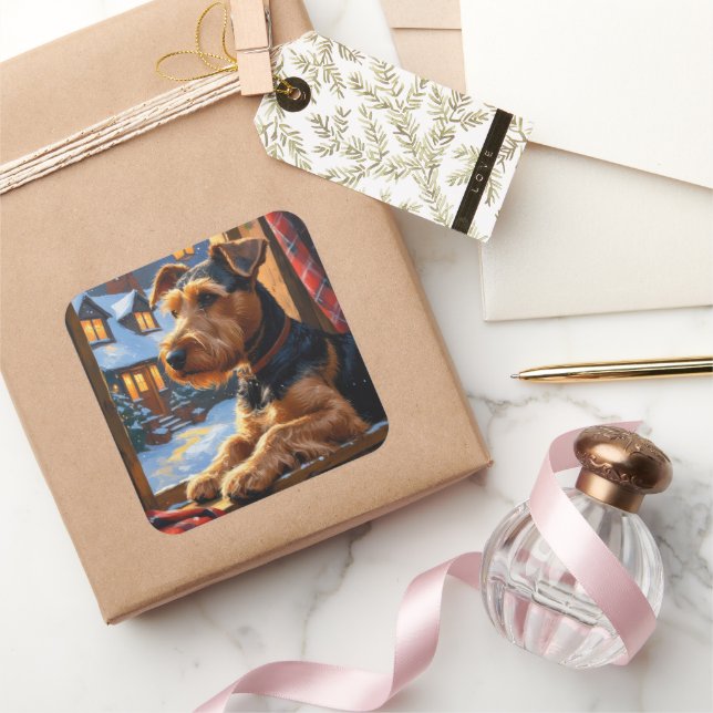 Airedale Terrier With Christmas Lights Holiday  Quadratischer Aufkleber (Schenken)