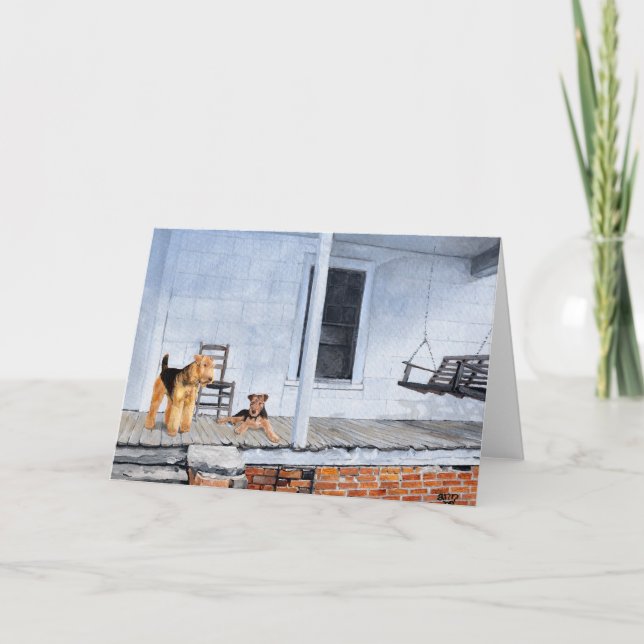 Airedale Terriers auf der Veranda Karte (Vorderseite)