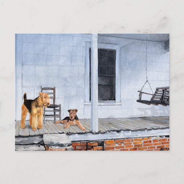 Airedale Terriers auf der Veranda Postkarte (Vorderseite)