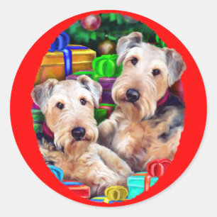 Airedale-Weihnachten offen jetzt Runder Aufkleber