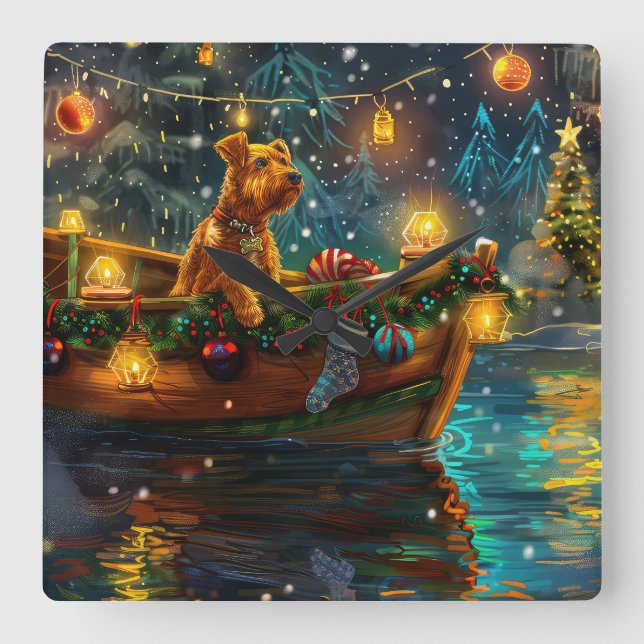 Airedale Weihnachtsfest Reise Quadratische Wanduhr (Vorderseite)