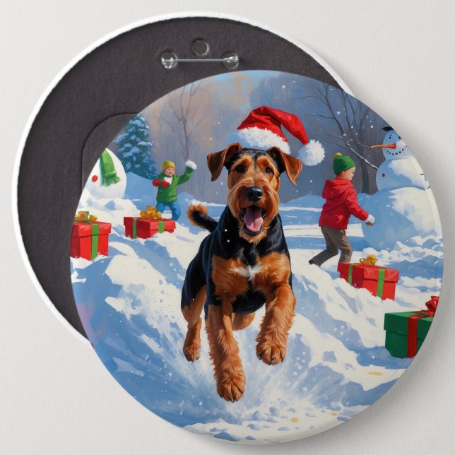 Airedale Weihnachtsfest Schneeszene Button (Vorne & Hinten)