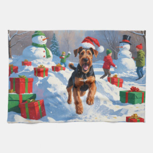 Airedale-Weihnachtsfest-Schneeszene Geschirrtuch