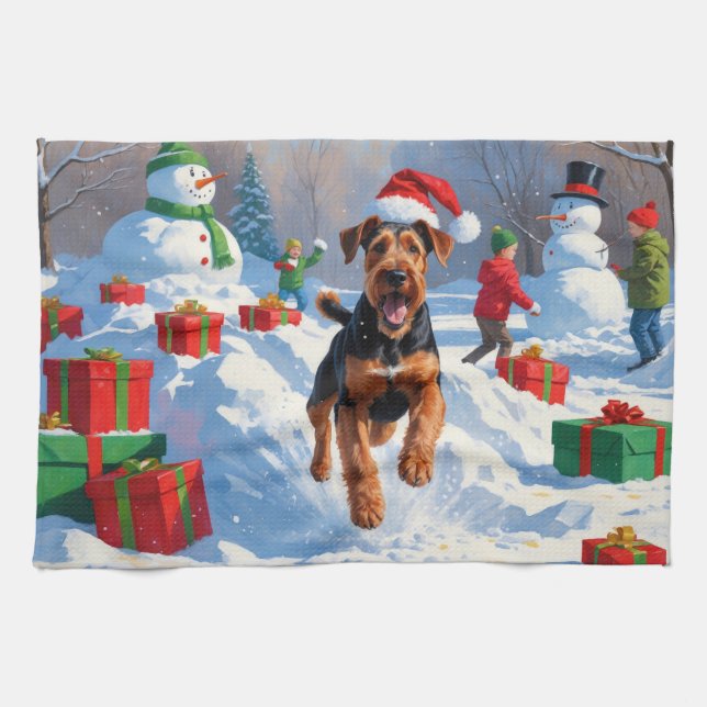 Airedale Weihnachtsfest Schneeszene Geschirrtuch (Horizontal)