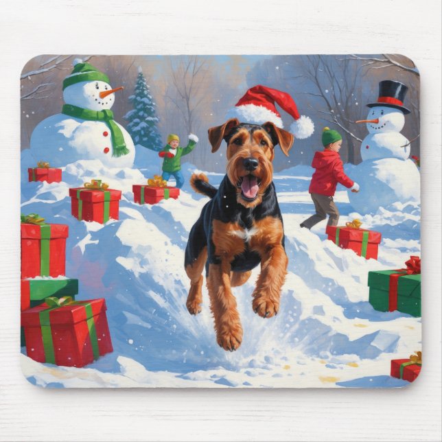 Airedale Weihnachtsfest Schneeszene Mousepad (Vorne)