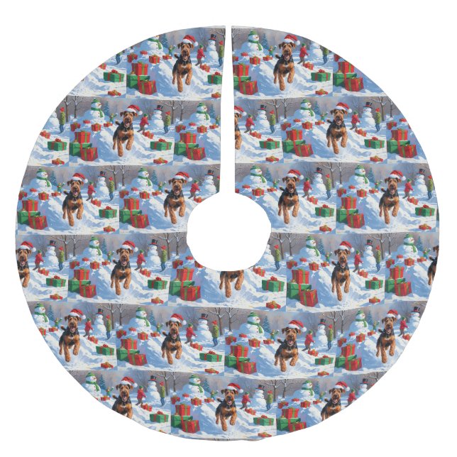 Airedale Weihnachtsfest Schneeszene Polyester Weihnachtsbaumdecke (Vorderseite)