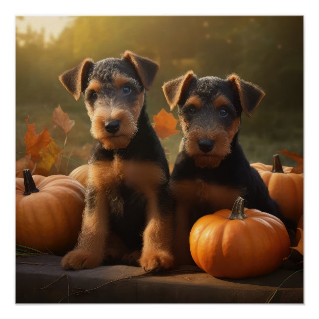 Airedale Welpe Herbst Kürbis Poster (Vorderseite)