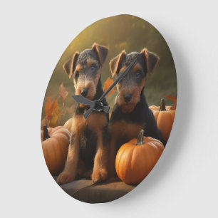 Airedale Welpe Herbstfreude Kürbis Große Wanduhr
