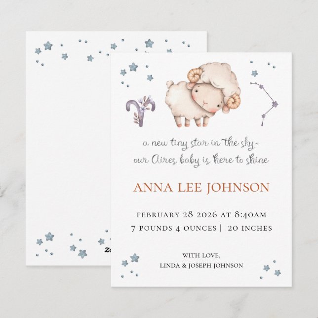 Aires Zodiac Birth Announcement Feiertagskarte (Vorne/Hinten)