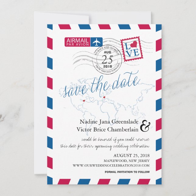 Airmail Heart New Jersey und Frankreich Save the D Save The Date (Vorderseite)