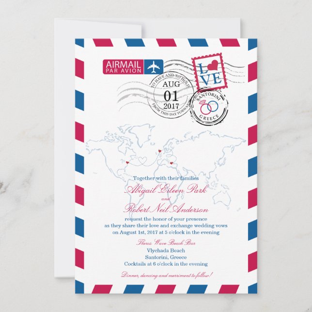 Airmail New York, Schottland und Griechenland Wedd Einladung (Vorderseite)