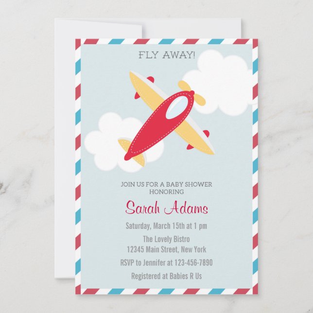 Airplane Babydusche Einladung Blue Red (Vorderseite)