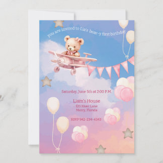 Airplane Bärenbärchen, rosa zum ersten Geburtstag Einladung