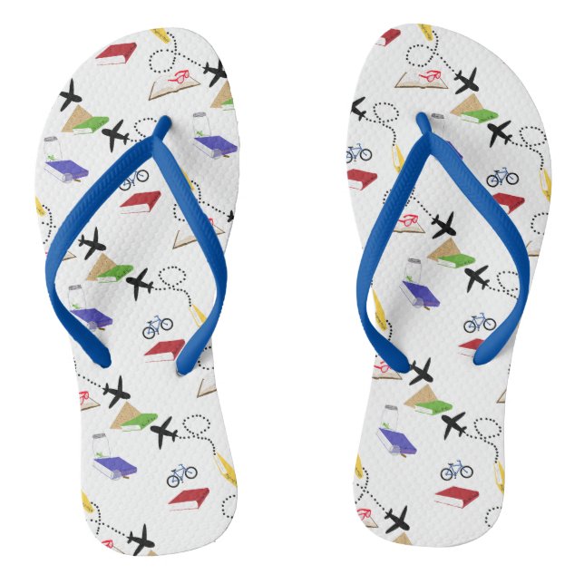 Airplane Bicycle Book Red Yellow Blue White Travel Flip Flops (Fußbett)