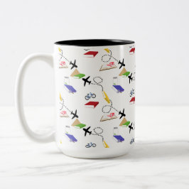 Airplane Bicycles Books Red Yellow Blue Travel Zweifarbige Tasse