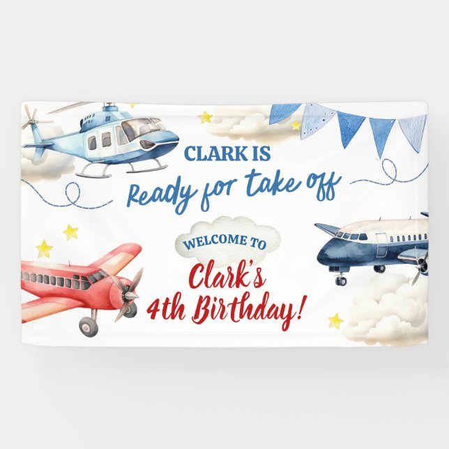 Airplane Boy 4th Birthday Large Banner (Horizontal)
