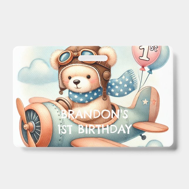 Airplane Boy Bear 1. Geburtstag Party Ausweis (Vorderseite)