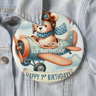 Airplane Boy Bear 1. Geburtstag Party Button