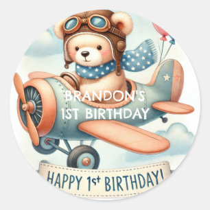 Airplane Boy Bear 1. Geburtstag Party Runder Aufkleber