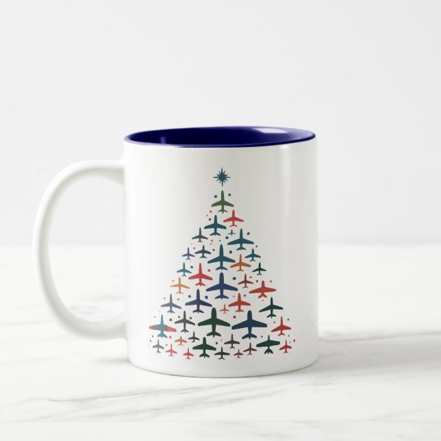 Airplane Christmas Tree Retro Pilot Flying Flight  Zweifarbige Tasse (Links)