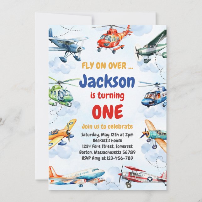Airplane Fly On Over Boy Birthday Invitation Einladung (Vorderseite)