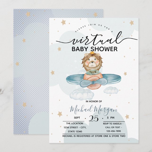 Airplane Lion Clouds Dots Virtual Baby Dusche Einladung (Vorne/Hinten)