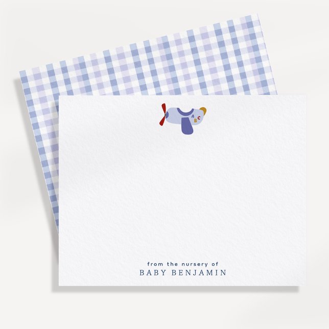 Airplane Nursery Note Card with Blue Gingham Back Ankündigung (Von Creator hochgeladen)