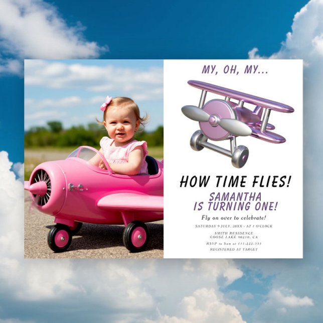 Airplane Oh My Time Flies Travel First Birthday Einladung (Von Creator hochgeladen)