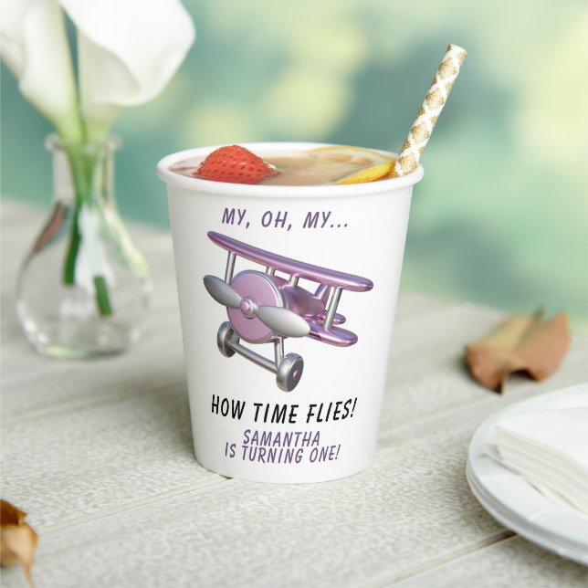 Airplane Oh My Time Flies Travel First Birthday  Pappbecher (In Situ)