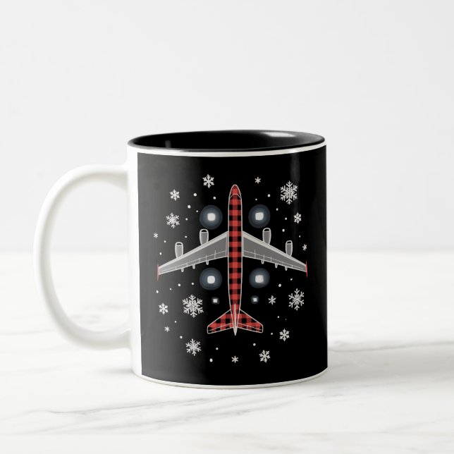 Airplane Plaid Christmas Pilot Zweifarbige Tasse (Links)