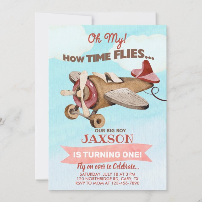 Airplane time flies boy 1st first birthday invite. einladung (Vorderseite)
