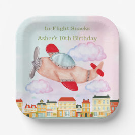 Airplane with Cityscape In-Flight Snacks Birthday Pappteller
