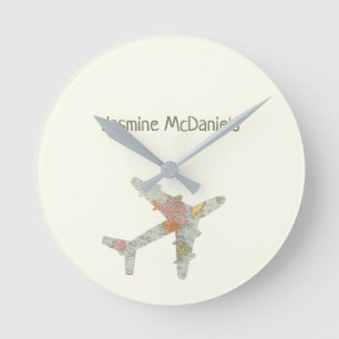 Airplane world map custom name runde wanduhr