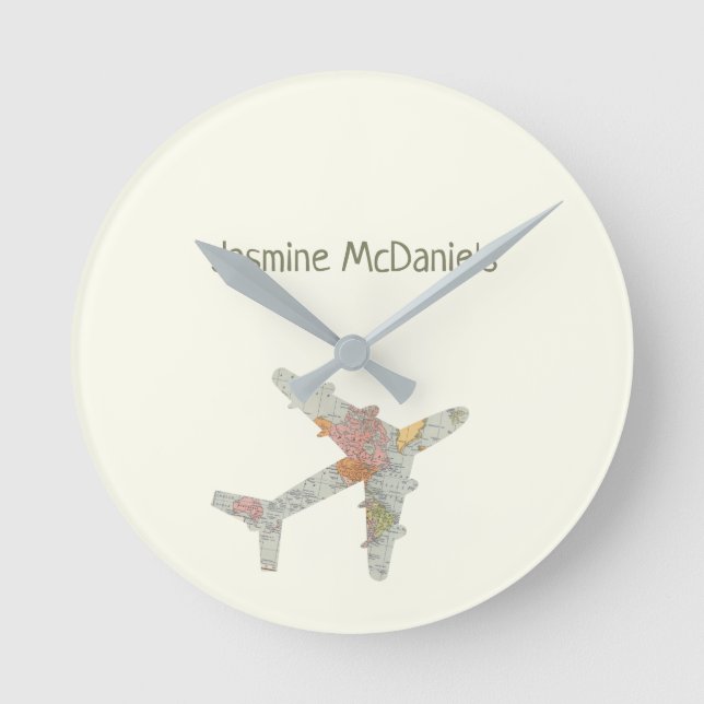 Airplane world map custom name runde wanduhr (Vorderseite)