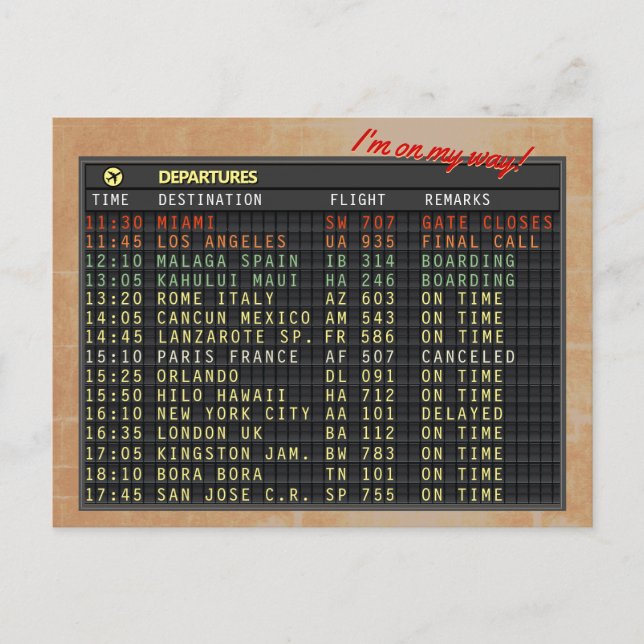 Airport Board Postcard (alle Texte können individu Postkarte (Vorderseite)