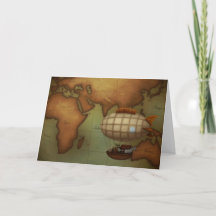 Airship Flying Over Eastern Hemisphere Map