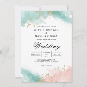 Airy Aquamarin Coral Blüh Wedding Einladung