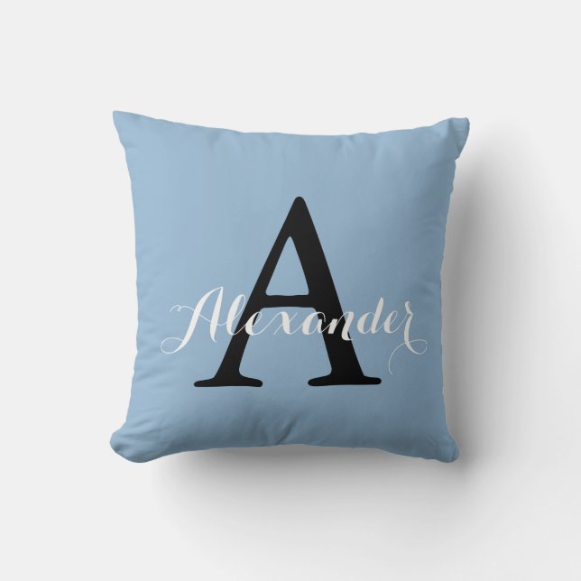 Airy Blue Light Solid Color Monogram Baby Boy Kissen (Vorderseite)