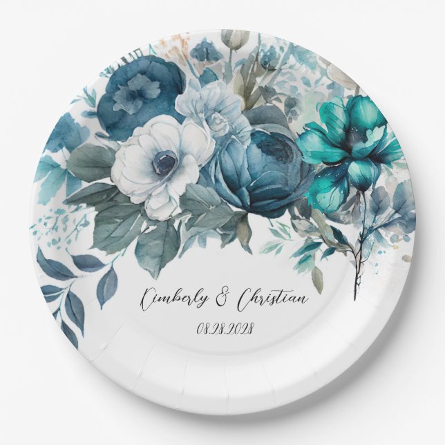 Airy Blue und Aquamarin Peony Rustic Wedding Pappteller (Vorderseite)