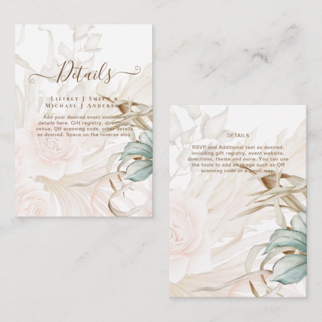 Airy BOHO Pampas Grass Light Peach Wedding Begleitkarte (Vorne/Hinten)