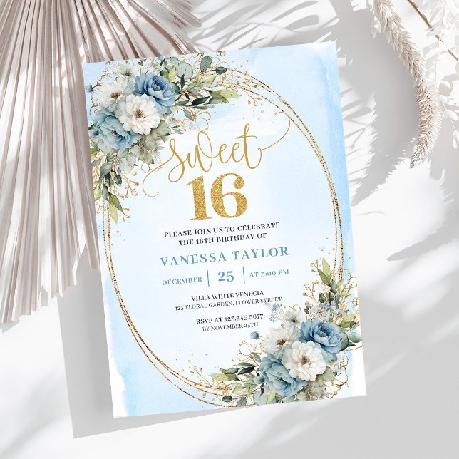 Airy Dusty Blue Floral Greenery Sweet 16th Invite Einladung (Airy Dusty Blue Floral Greenery Sweet 16th Invite)