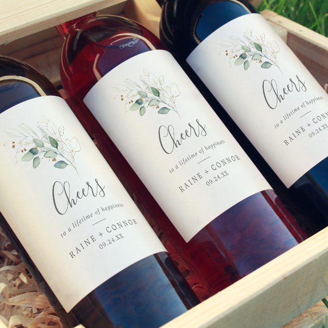 Airy Greenerity und Gold Cheers Wedding Wine Label Weinetikett (Von Creator hochgeladen)