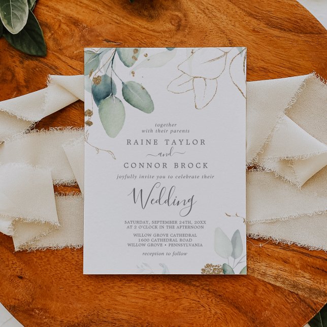 Airy Greenerity und Gold Leaf Wedding Einladung (Von Creator hochgeladen)
