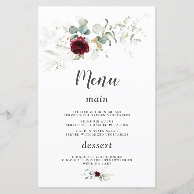 Airy Greenery Burgundy Floral Gold Wedding Menu (Vorderseite)