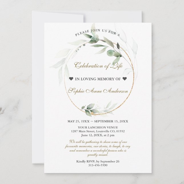 Airy Greenery Feier zum Gedenken an die Beerdigung Einladung (Vorderseite)